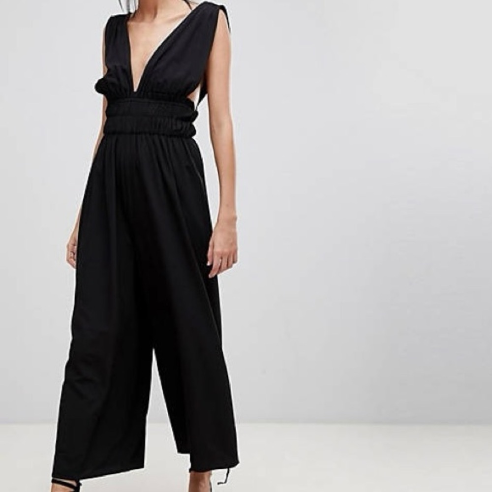 ASOS DESIGN Tall Ruched Waist Plunge Jumpsuit - black